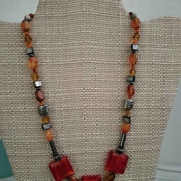 Aztec Boho Glass Polish Beads Necklace Silver Tone - Picture 5 of 6